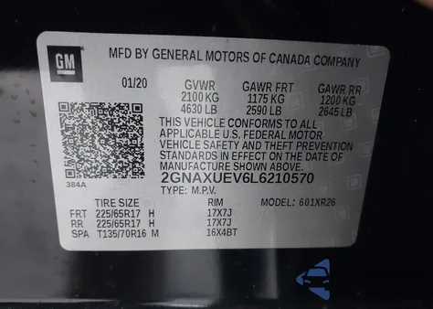2020 Chevrolet Equinox Awd Lt 1.5L Turbo from USA, damaged, VIN 2GNAXUEV6L6210570